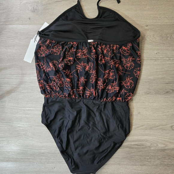 Calvin Klein Black Coral Floral Halter Blouson One Piece Swimsuit 12 NWT UPF - Picture 3 of 10